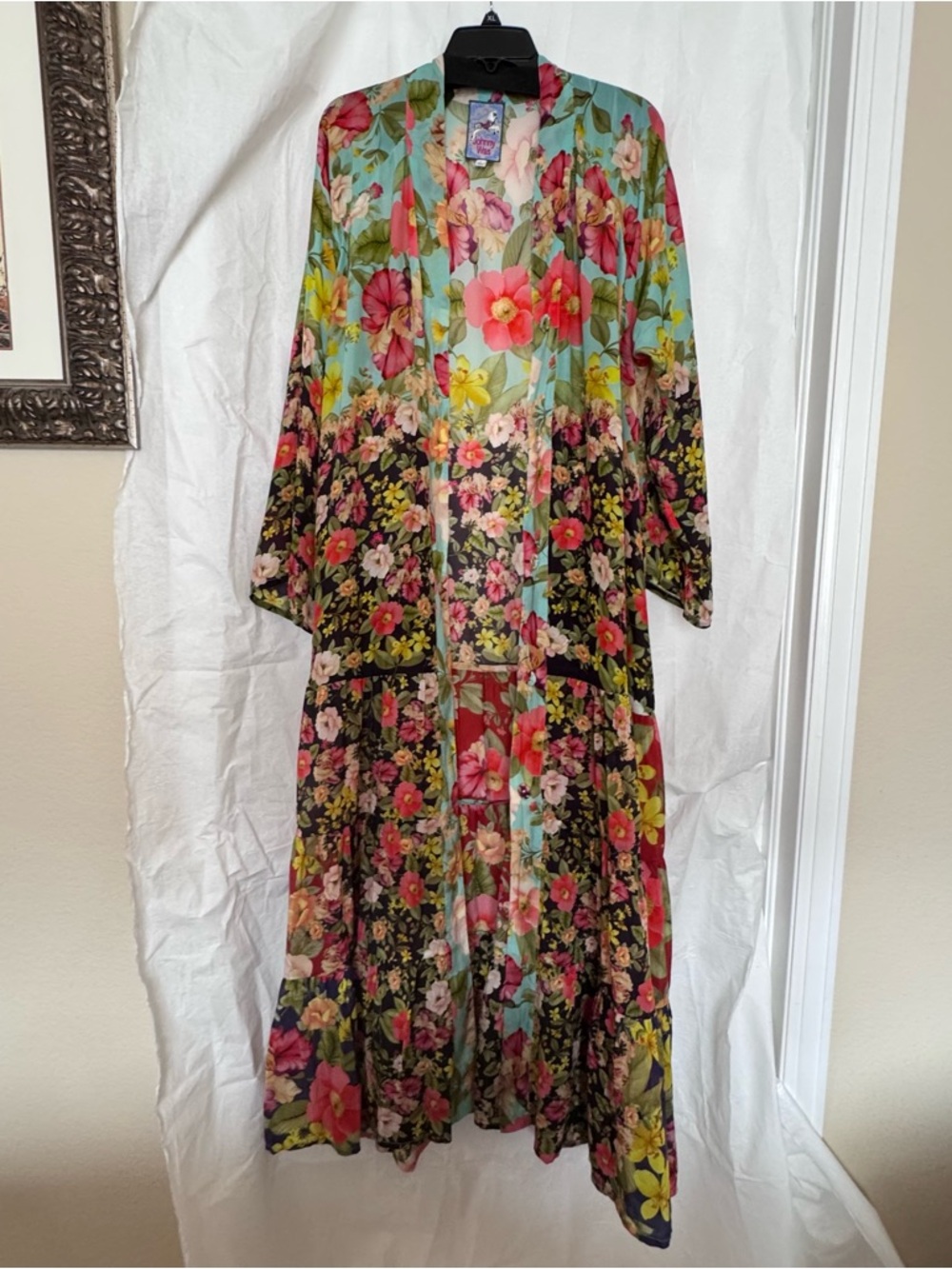 Johnny Was: Sheer Floral Long Kimono in Turquoise, Black, Pink, Yellow